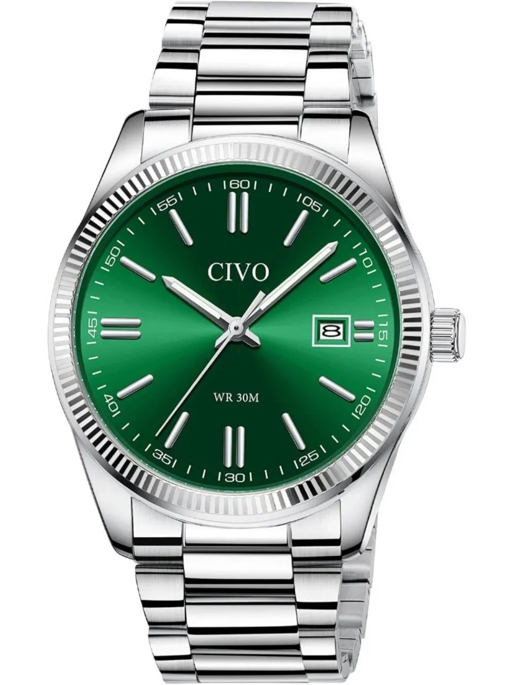 Men Silver Green Analog Quartz Skeleton Stainless Steel Round Casual Wrist Watch